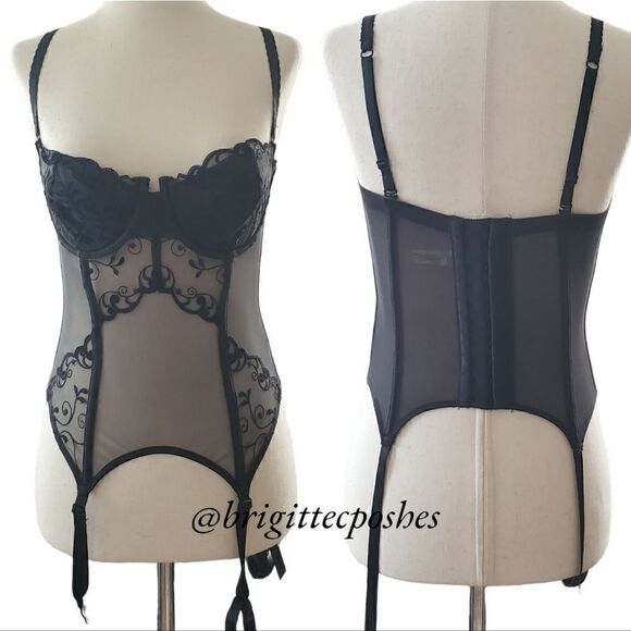 VICTORIA'S SECRET Black See-through Lace Embroidered Teddy with Garters - Picture 4 of 10